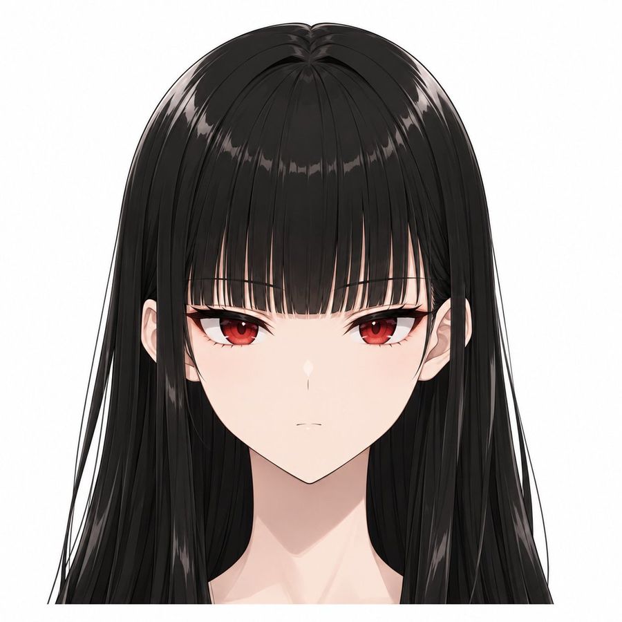 アニメ風ポートレート:黒髪と赤い瞳