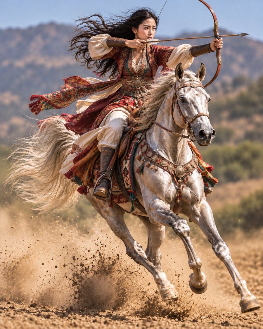 Arquera japonesa sobre caballo plateado