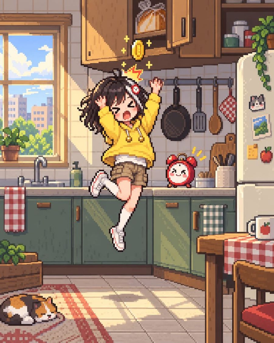 Chica de arte pixelado de 16 bits golpeándose la cabeza