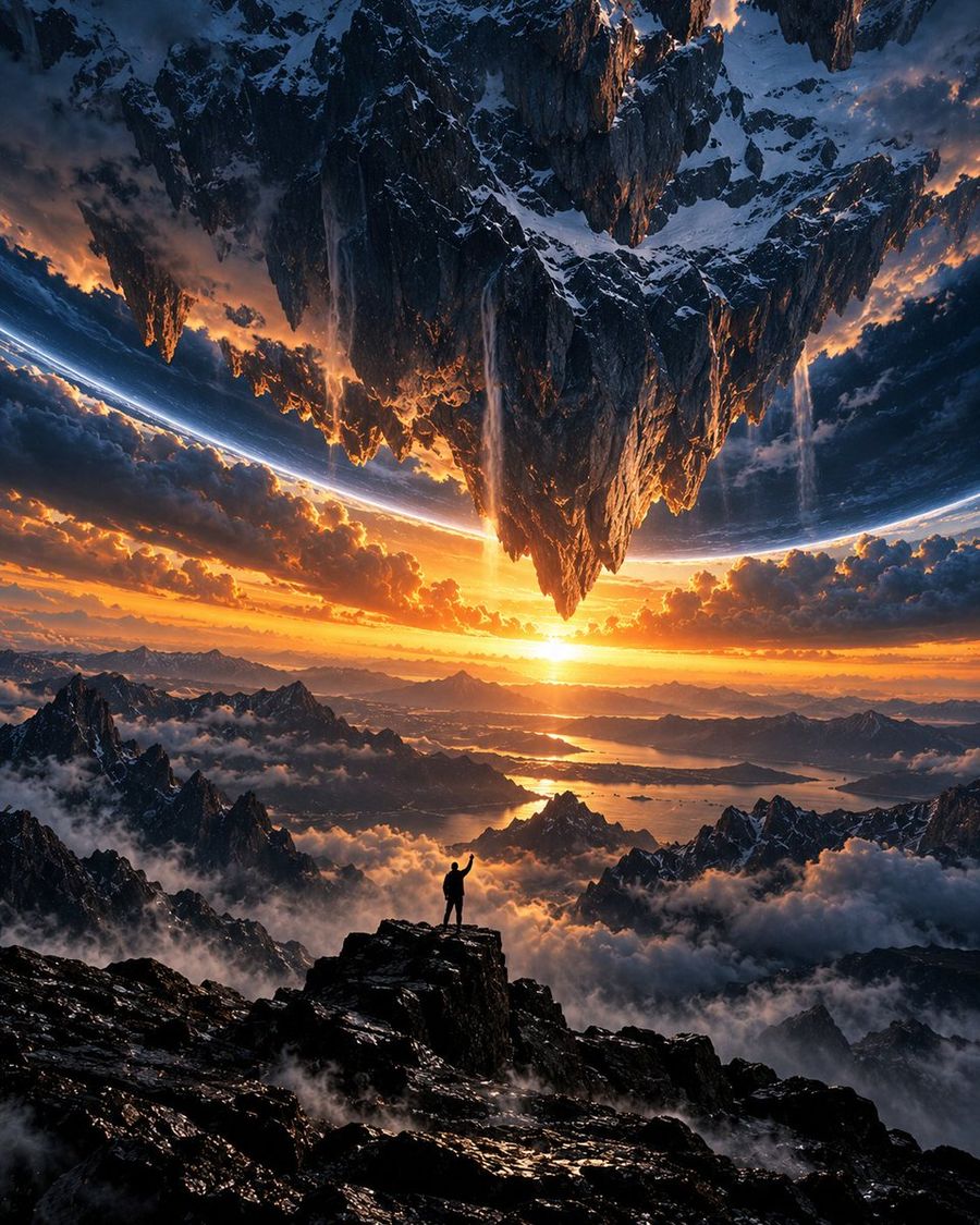 Silhueta no topo da montanha ao pôr do sol cósmico