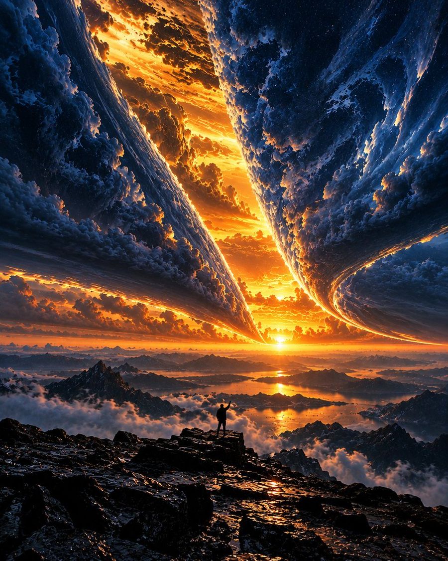 Silhueta no topo da montanha ao pôr do sol cósmico