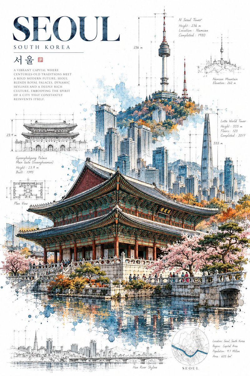 Affiche d'architecture à l'encre et à l'aquarelle