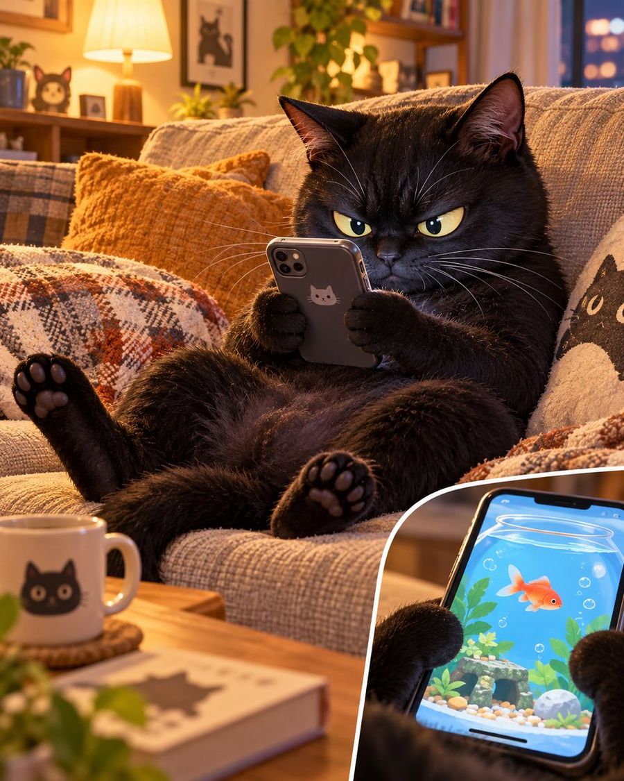 Gato Preto Sério Jogando Jogo de Celular