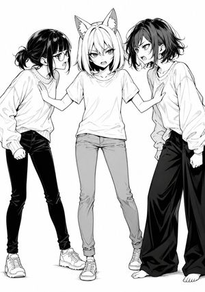 Üç Anime Kız Siyah Beyaz Manga İllüstrasyonu