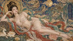 Dunhuang Duvar Resmi Tarzında Uzanmış Tanrıça