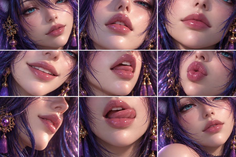 Grille de gros plans sur les lèvres - Cheveux violets