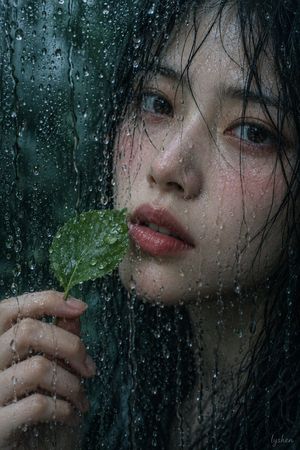 濡れたガラス越しの東アジア女性と緑の葉のポートレート