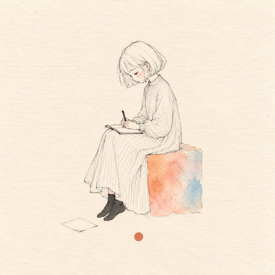 Menina em Aquarela Escrevendo sobre Cubo