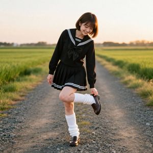 Fille regardant sa chaussure sur une route de campagne - 4