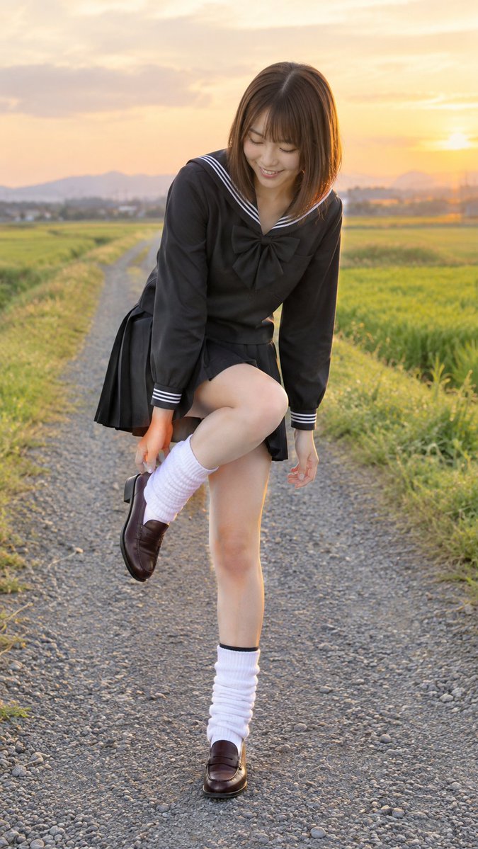 Fille regardant sa chaussure sur une route de campagne