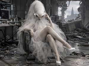 Novia alienígena en laboratorio en ruinas