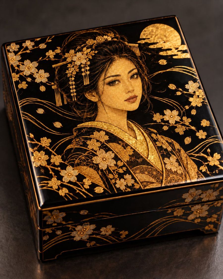 黑漆金箔藝伎盒