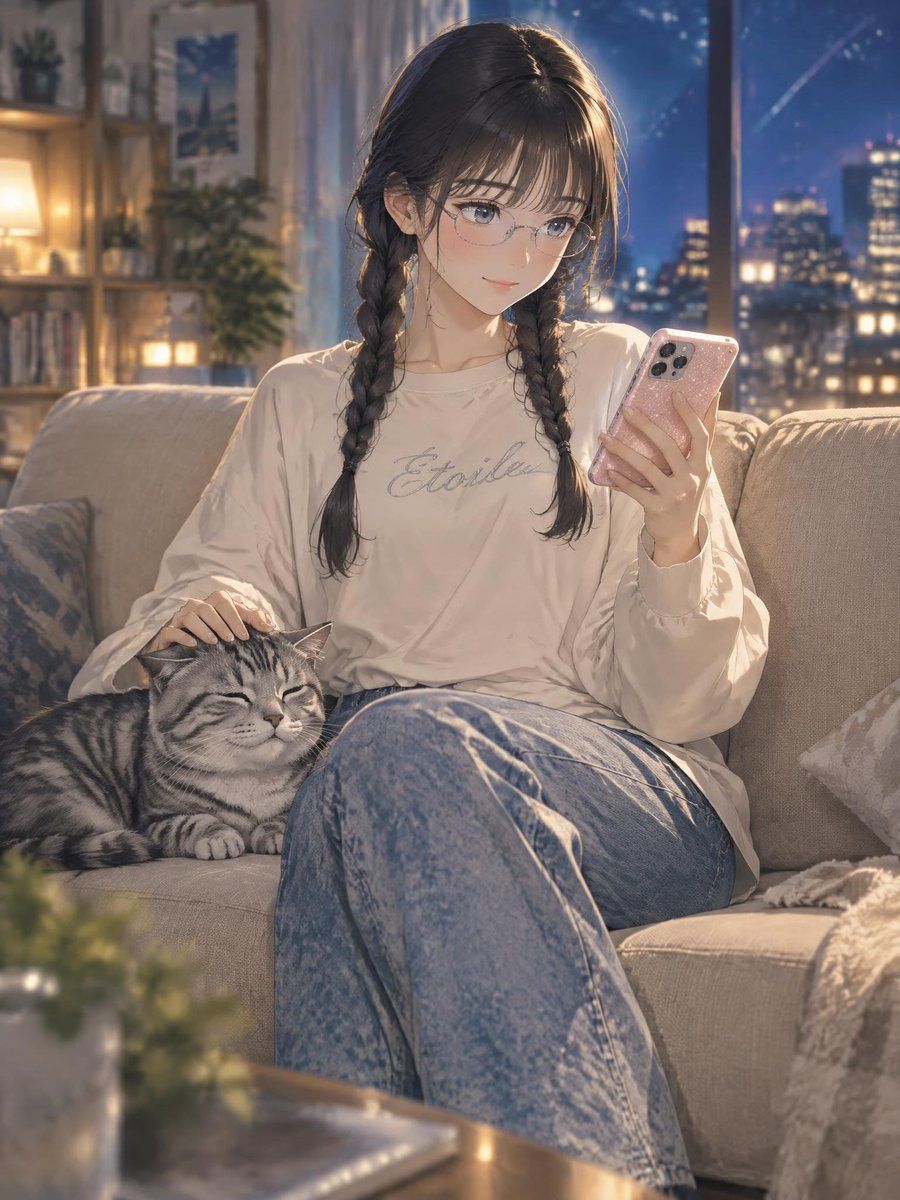 Anime Girl with Cat on Sofa