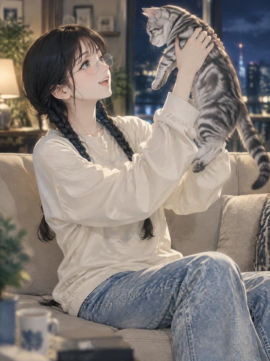 Ilustração Anime de Mulher Segurando Gato
