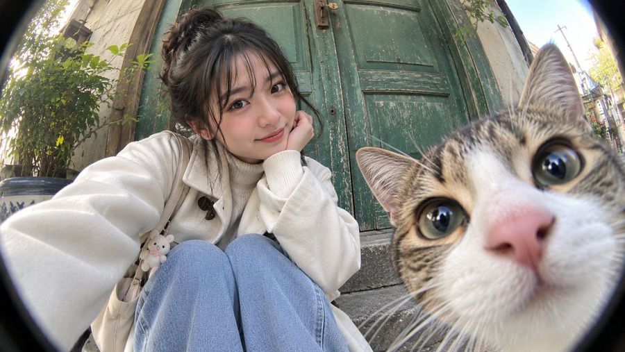 Retrato con lente ojo de pez y gato