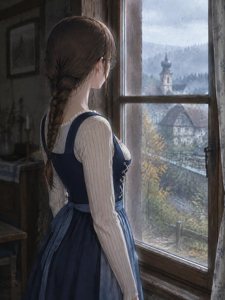Mujer en Dirndl Mirando por la Ventana