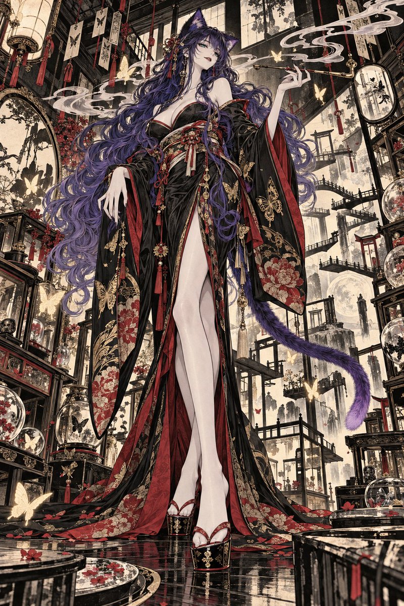 Mujer zorro esbelta con kimono negro