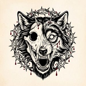 Snarling Wolf Bone and Thorns Tattoo Flash