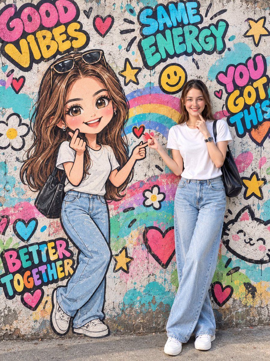 Mujer real con mural gigante de graffiti chibi