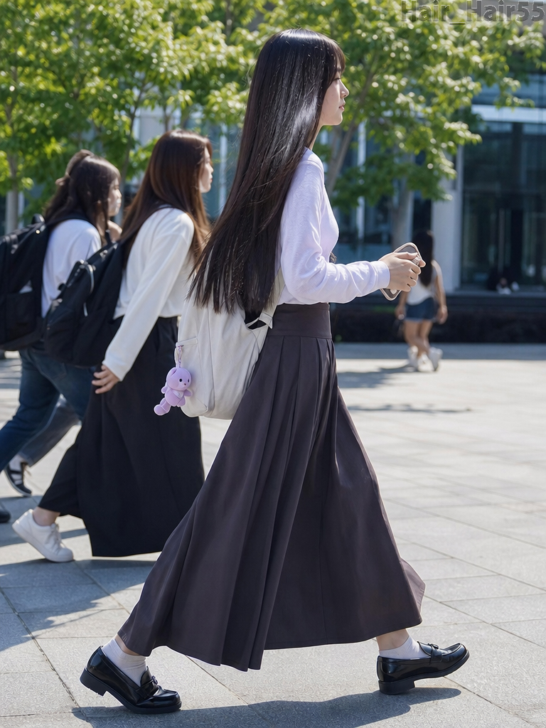 Estudiante caminando con falda plisada marrón
