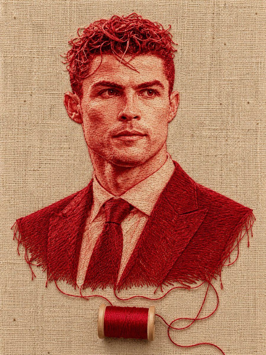 Retrato Bordado com Fio Vermelho