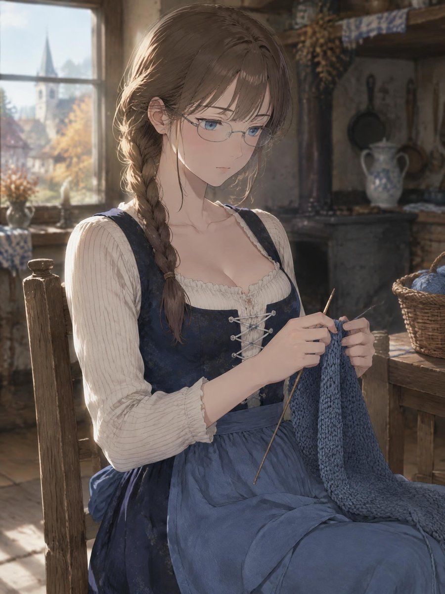 素朴なコテージで編み物をするアニメ少女