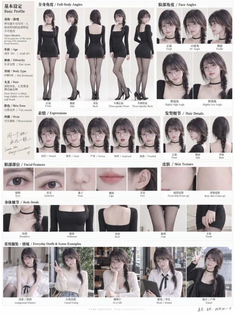 Промпт для референсного листа AI-персонажа красоты