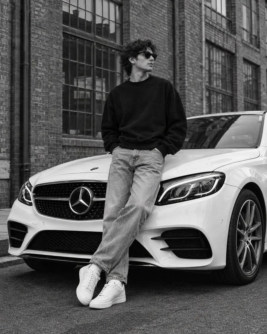 Чоловік спирається на білий Mercedes