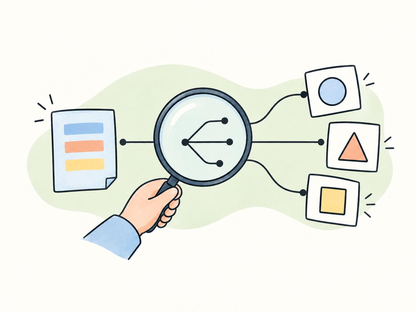 An explanatory illustration of a code fragment beside a magnifying glass and separate test cards.
