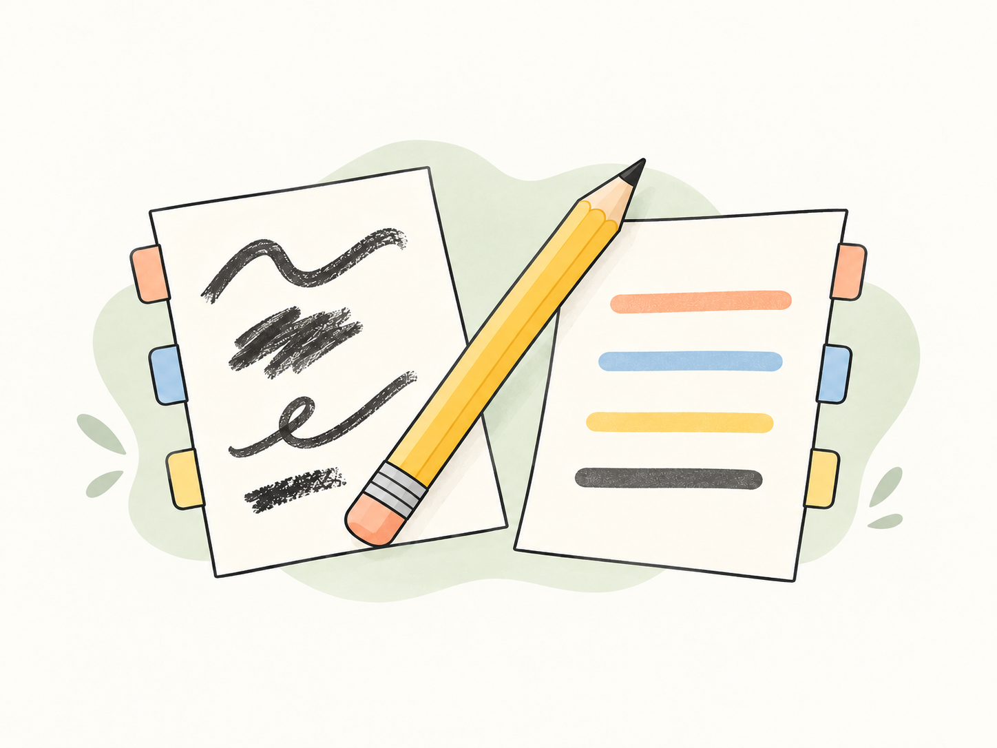 An explanatory illustration of a marked-up paragraph and a revised sheet connected by a pencil.