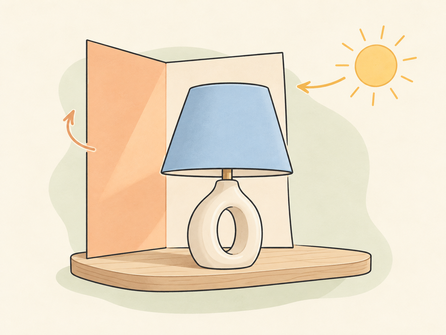 Ilustração mostrando um abajur de cerâmica com base anelar sobre uma prateleira, com um painel de fundo removível atrás e um símbolo de sol representando a iluminação ao lado.
