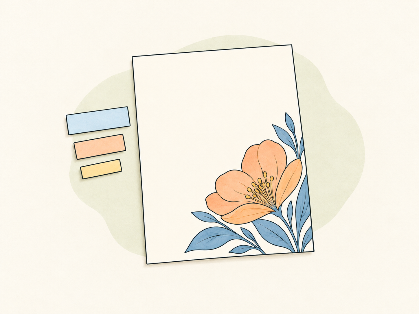 Ilustração de um pôster com flores como ponto focal visual, espaços reservados para texto e três faixas de papel ao lado representando hierarquia tipográfica.