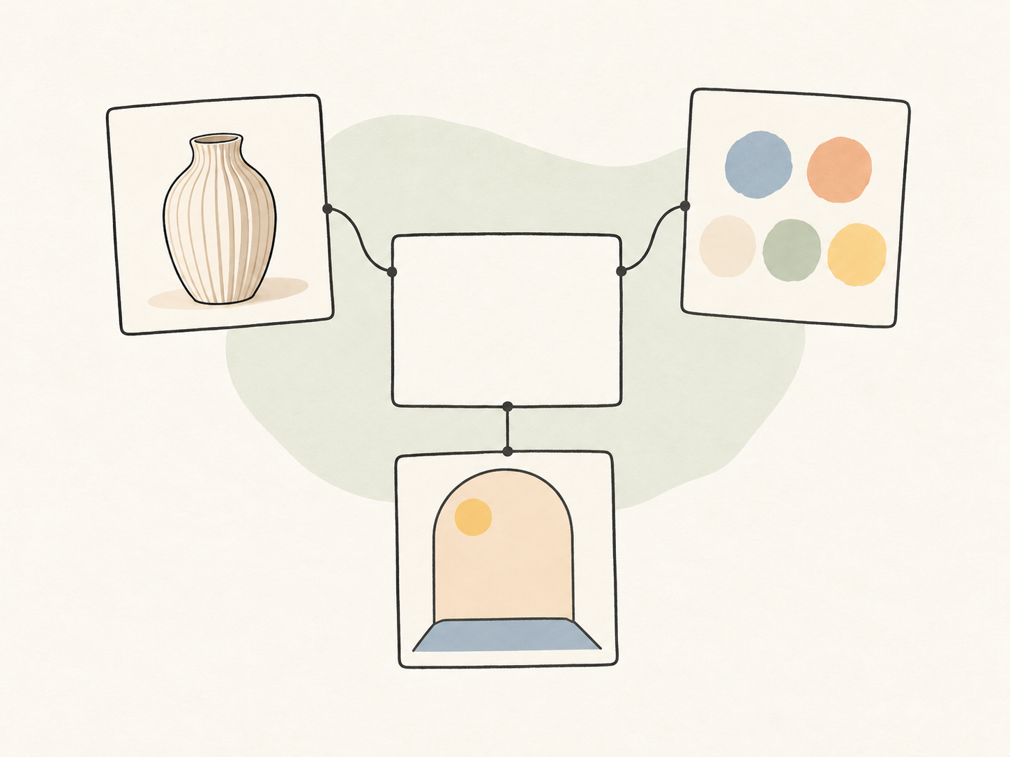 Ilustração: elementos principais, paleta de cores e cartões de referência de cenário conectados a uma moldura de composição em branco.