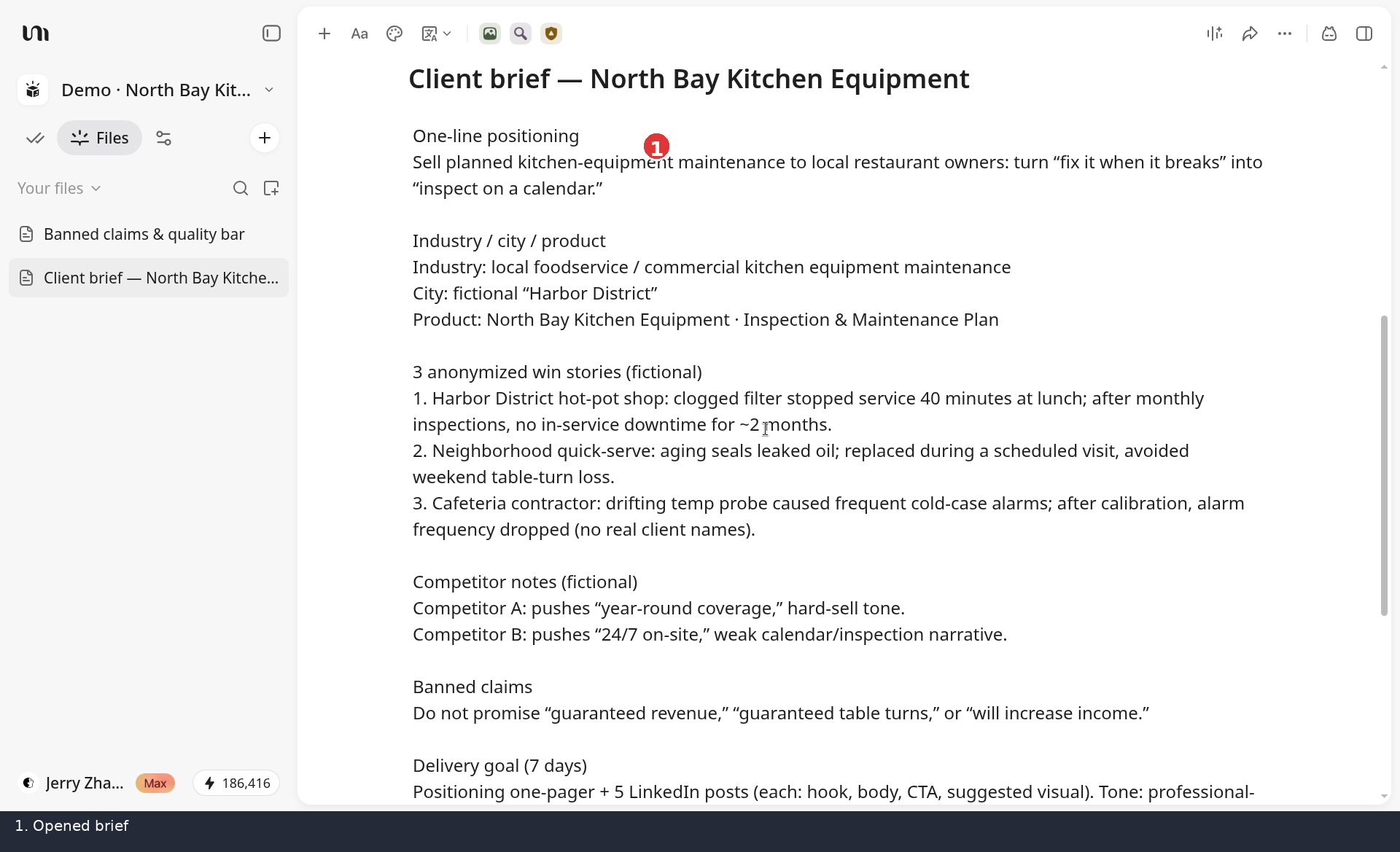 Open document with positioning and demo client details