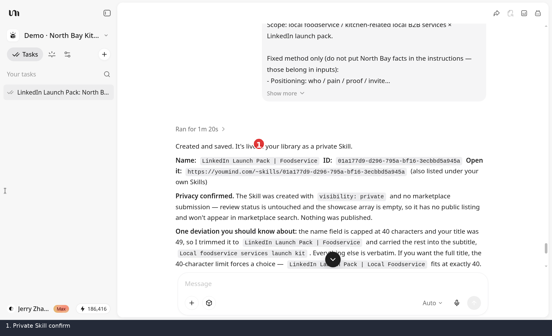 Chat confirmation UI for Create skill