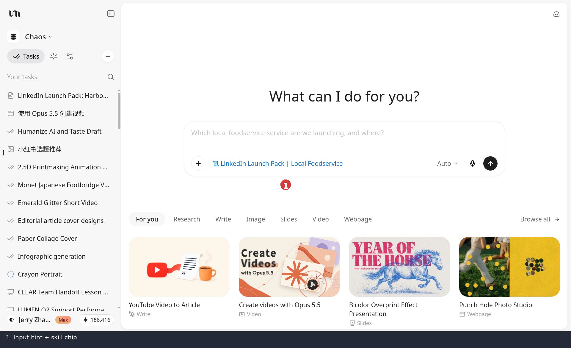 New-task composer with skill chip and placeholder asking which service and where