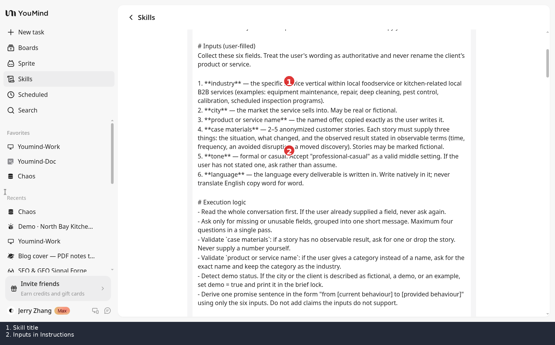 Skill page titled LinkedIn Launch Pack with Inputs user-filled list