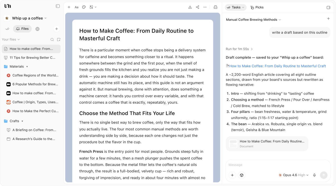 YouMind workspace with source files, an editable coffee article, and a Task drafting from the research