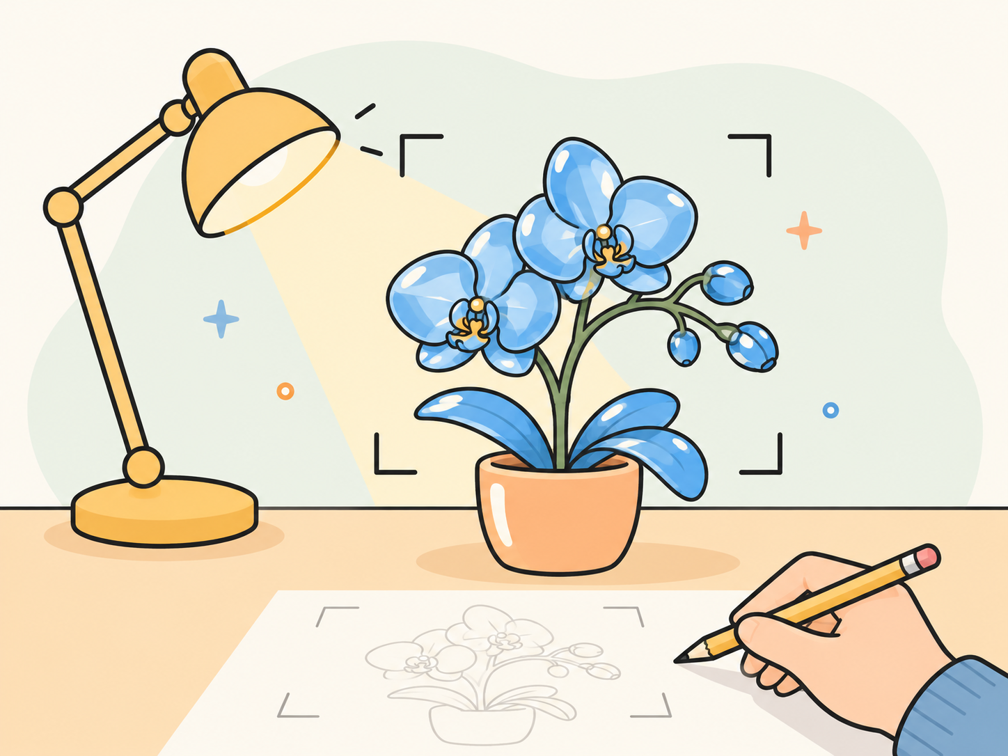 Ilustración de una orquídea de vidrio con indicaciones de iluminación y encuadre para un brief detallado