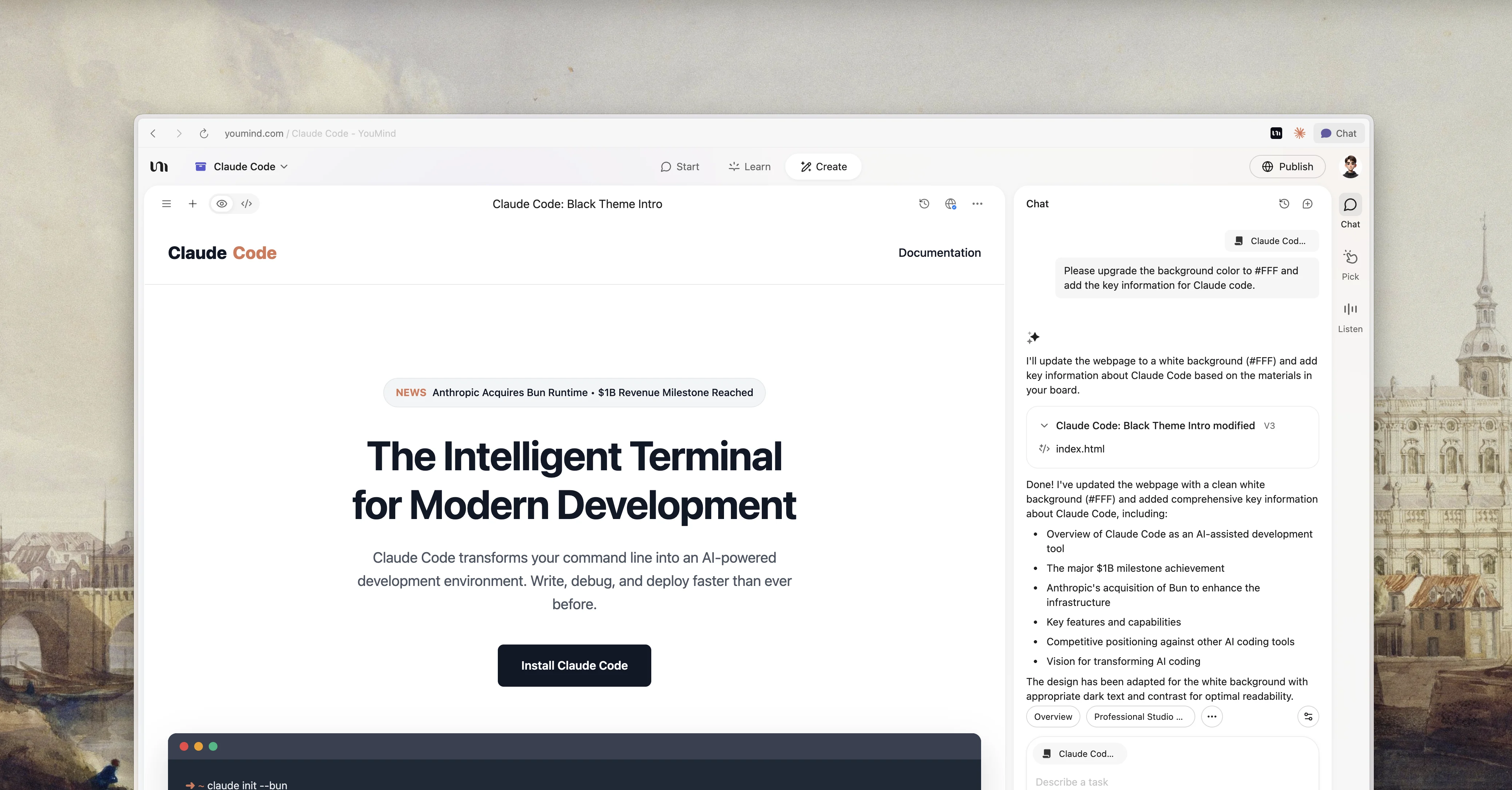 Spazio di lavoro per pagine web YouMind con una pagina generata e una conversazione di modifica con l’AI