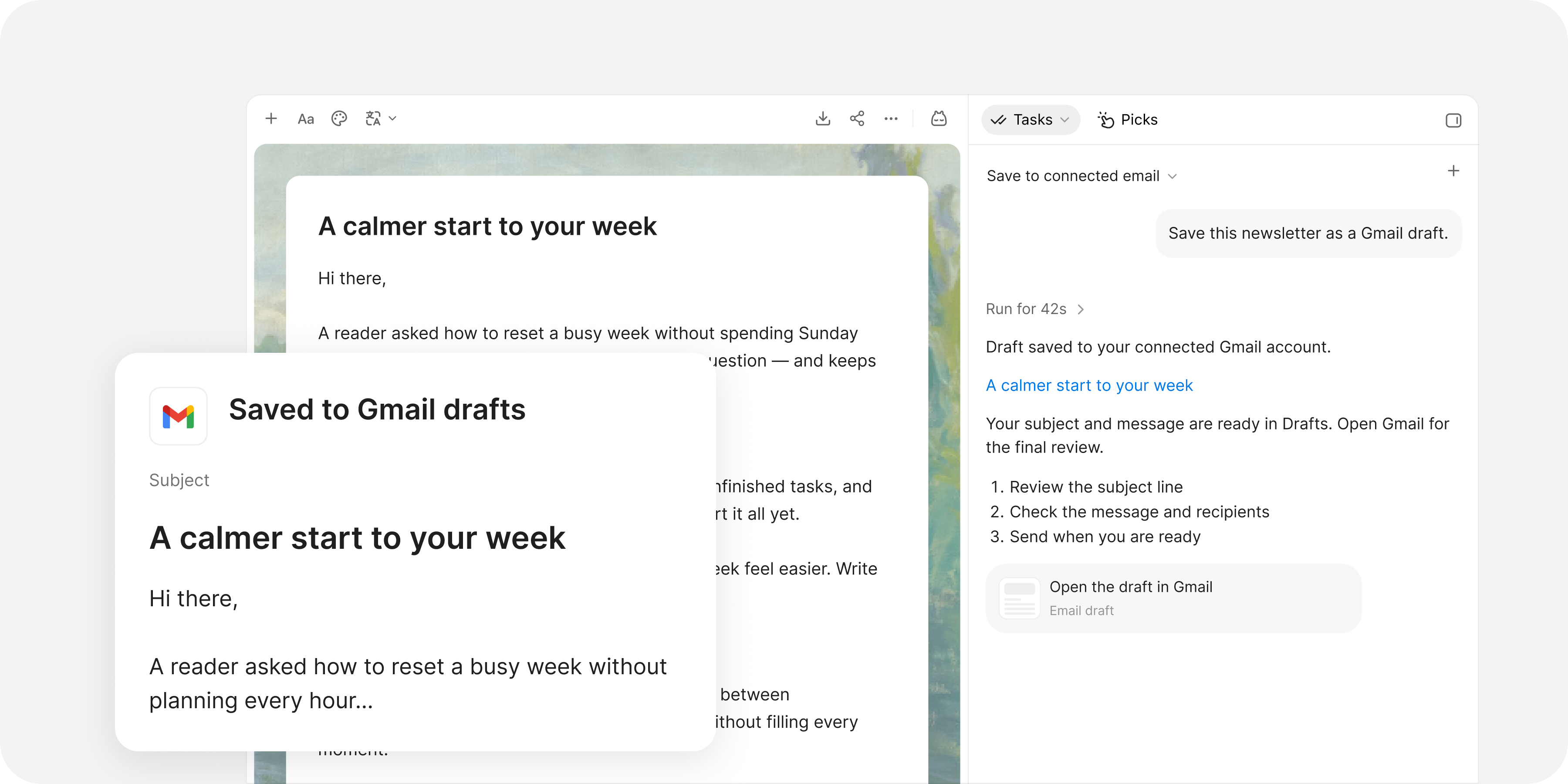 Готовая рассылка сохранена как черновик Gmail для финальной проверки и отправки.