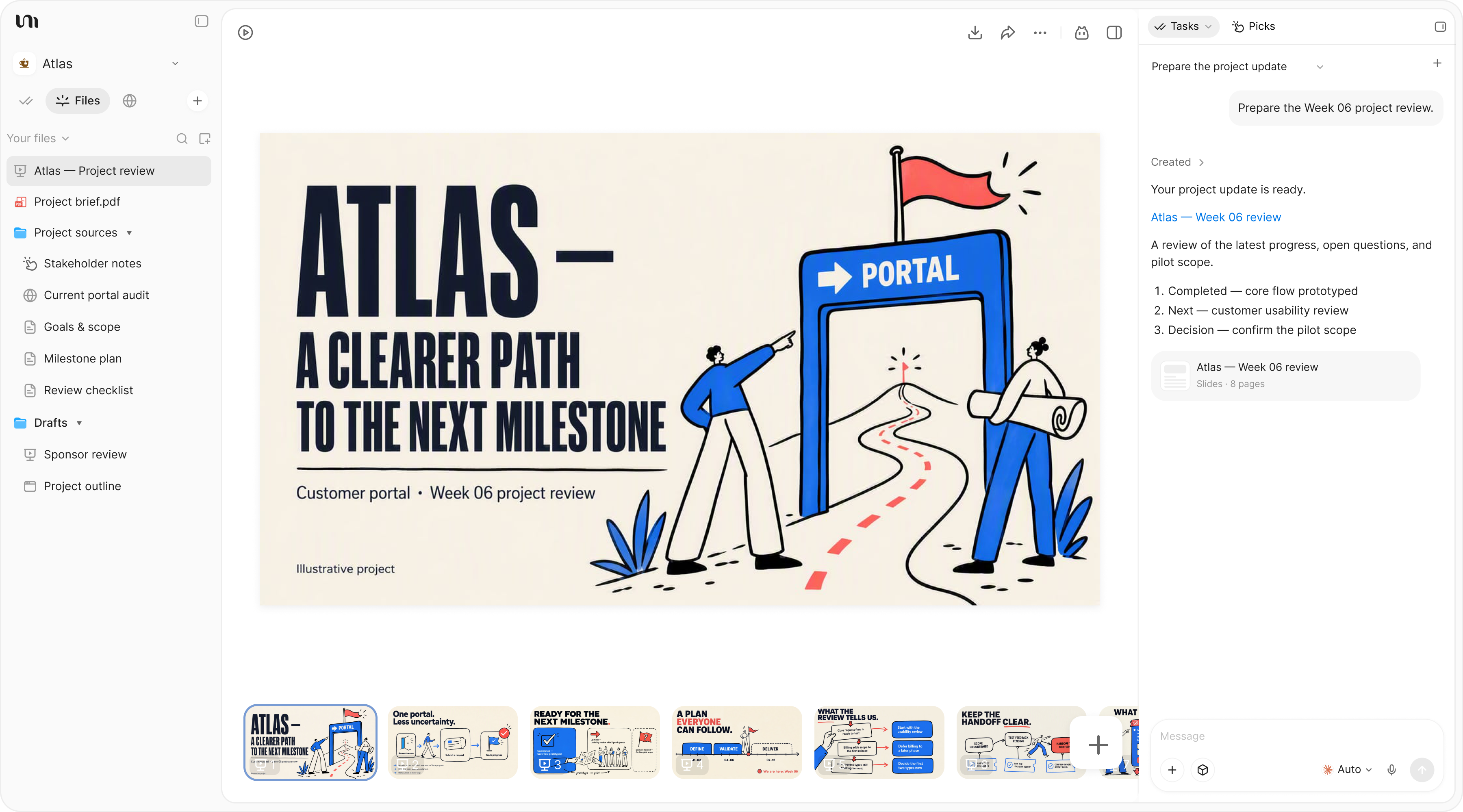 Una revisione del progetto Atlas nell’editor di diapositive YouMind, con miniature e ricerche accanto alla presentazione.