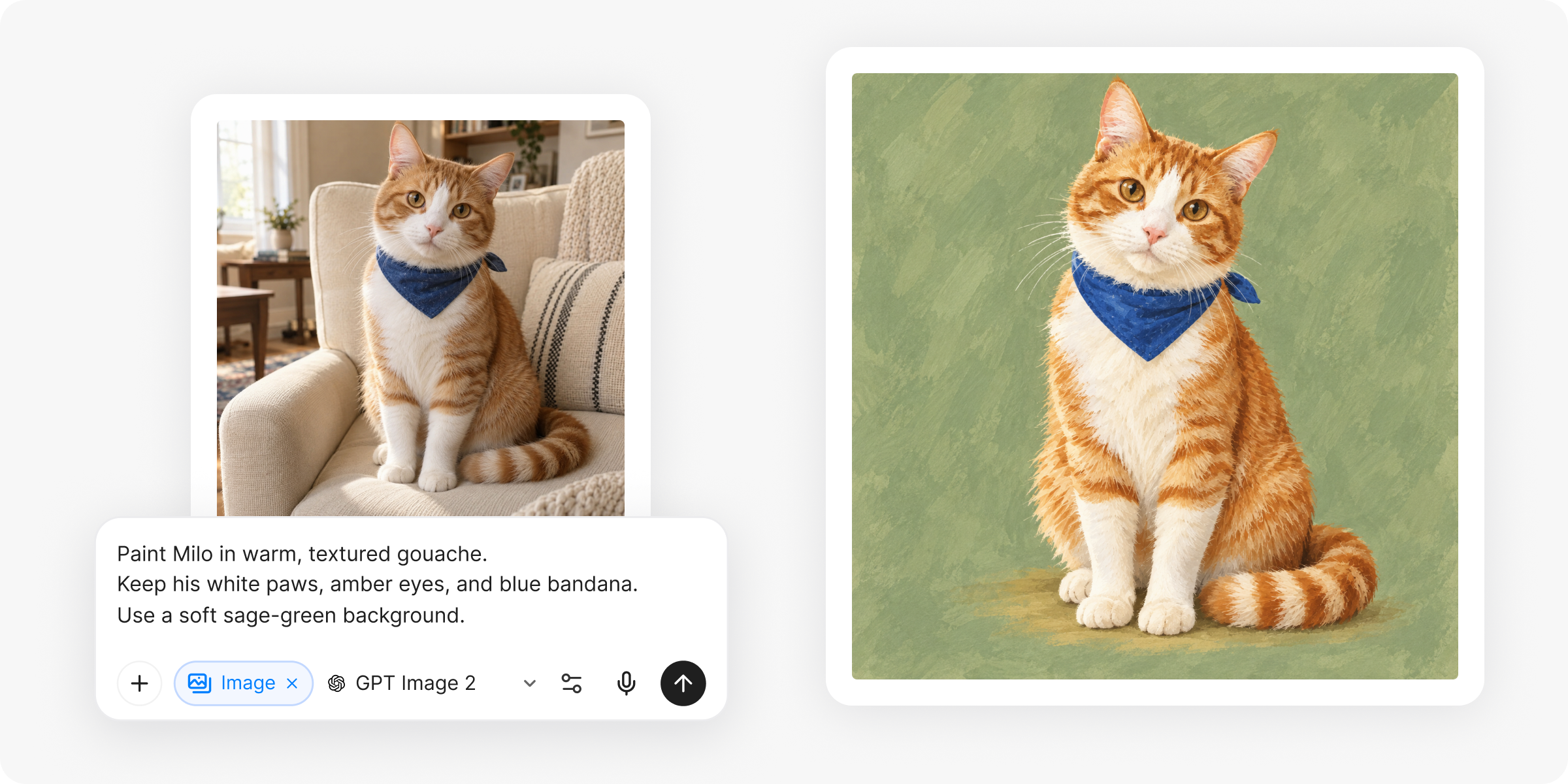Una foto de referencia de un gato junto a un retrato en gouache y un prompt de imagen de YouMind.