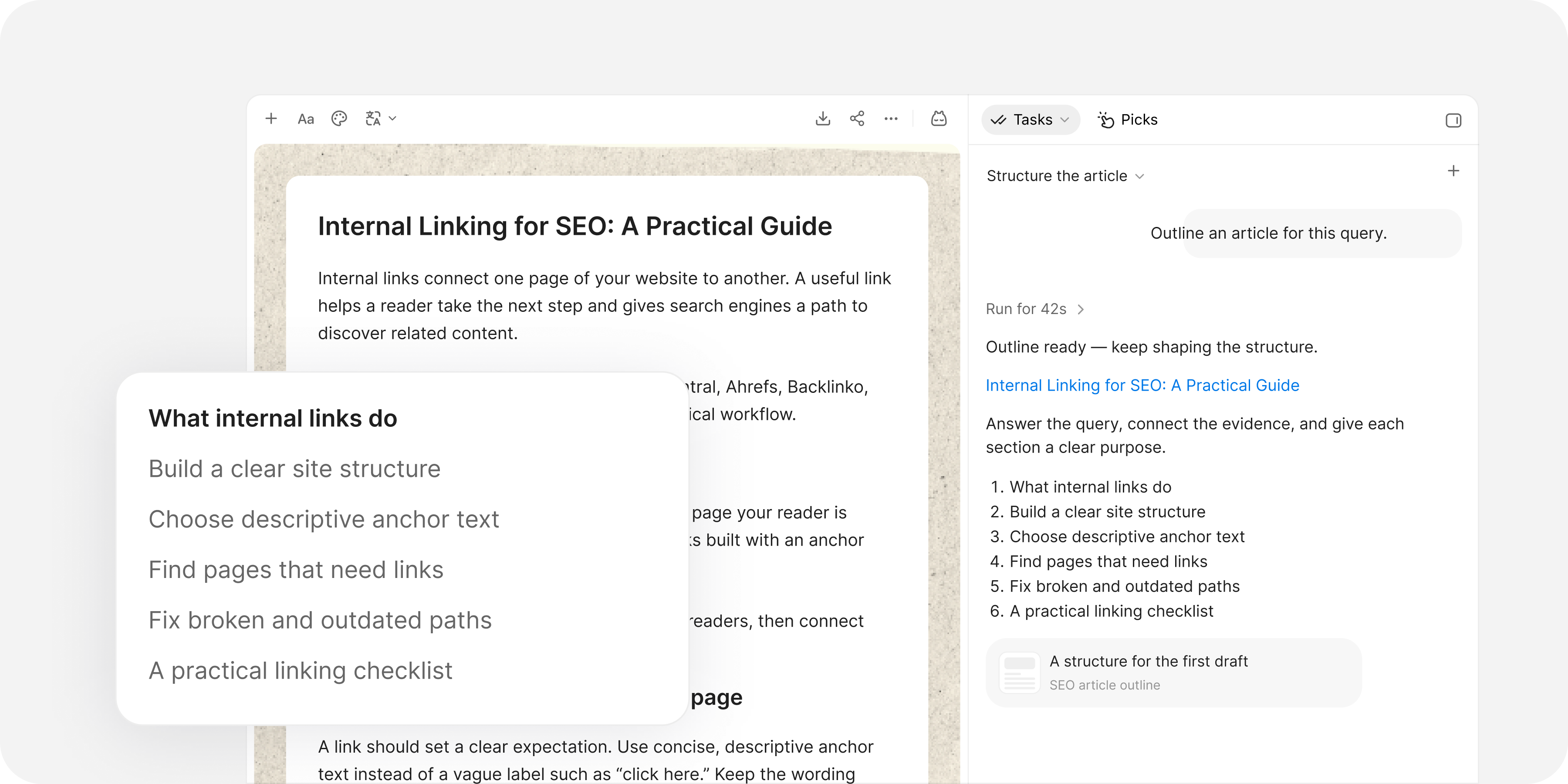Un plan SEO modifiable organise la question du lecteur et les recherches en sections.