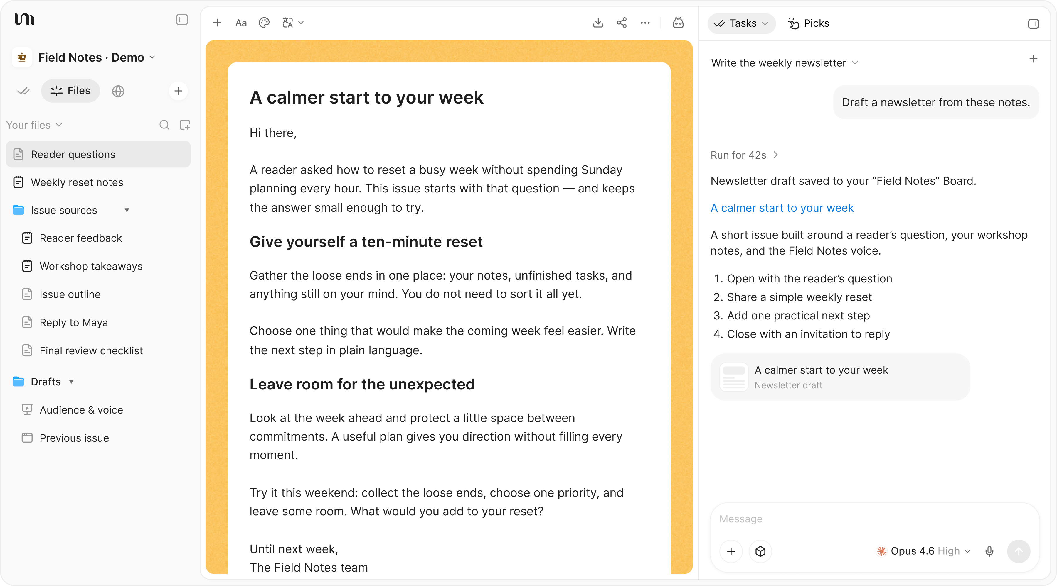 YouMind создаёт рассылку Field Notes на основе переписки с читателями и сохранённых идей.