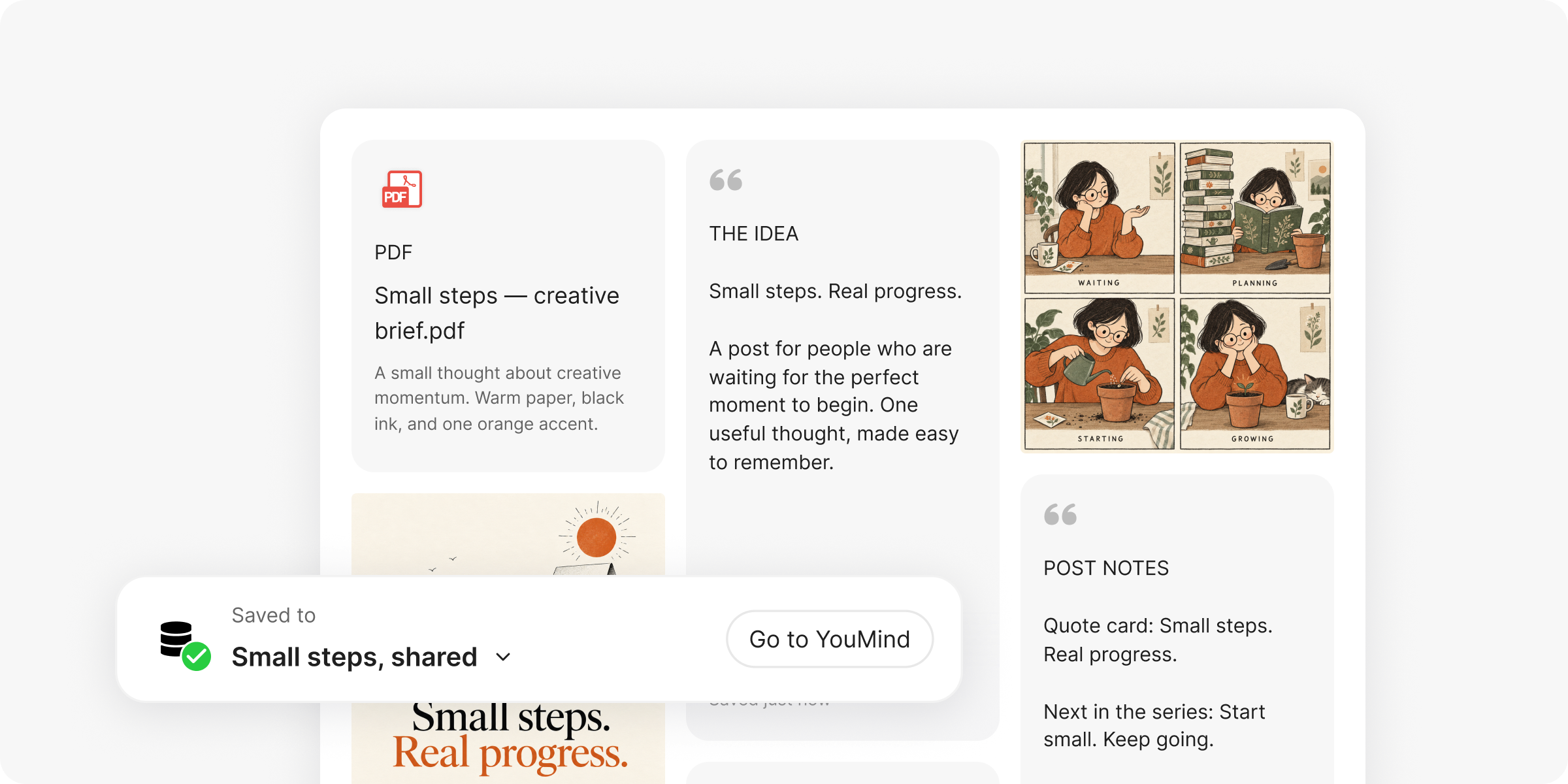 SNS投稿の制作概要、物語のメモ、参考画像を集めたYouMindボード。