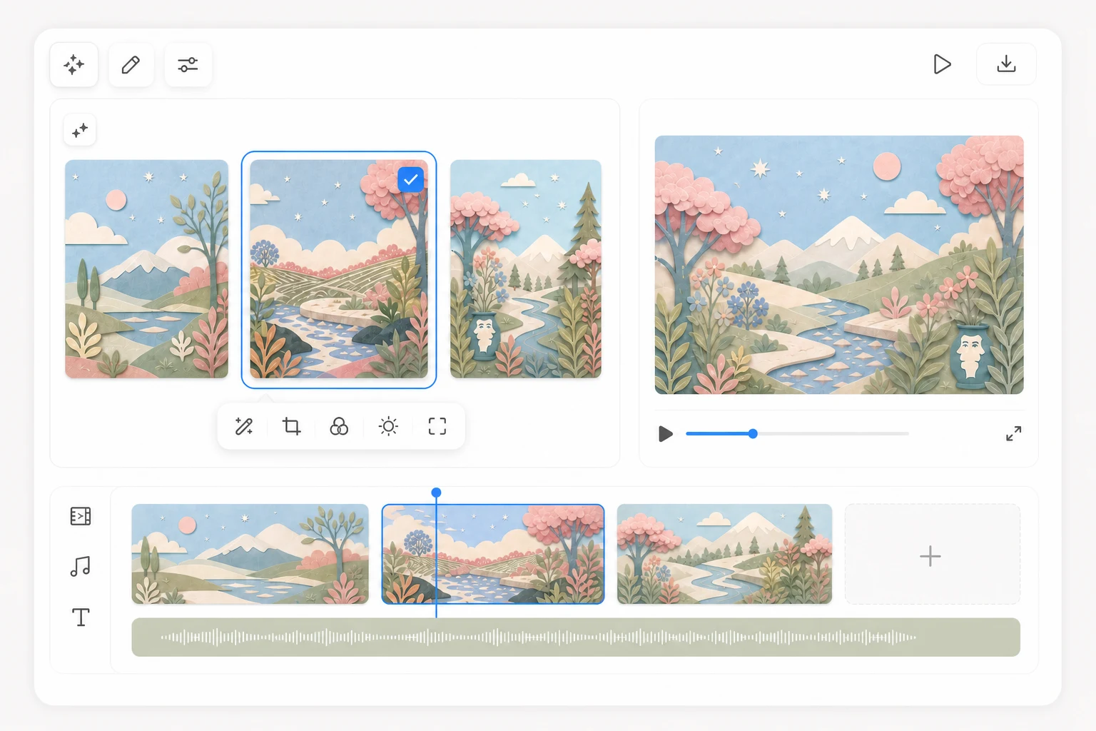 3つの動画クリップを調整し、タイムラインに並べてひとつの動画にまとめる図