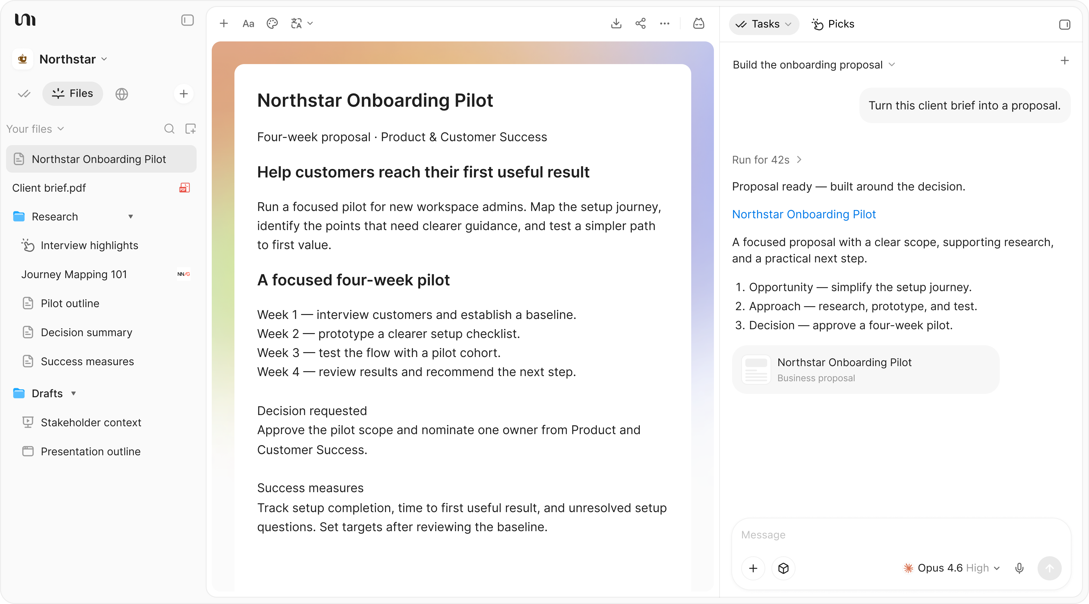 YouMind 工作區,展示客戶資料和可編輯的 Northstar 客戶入門提案。