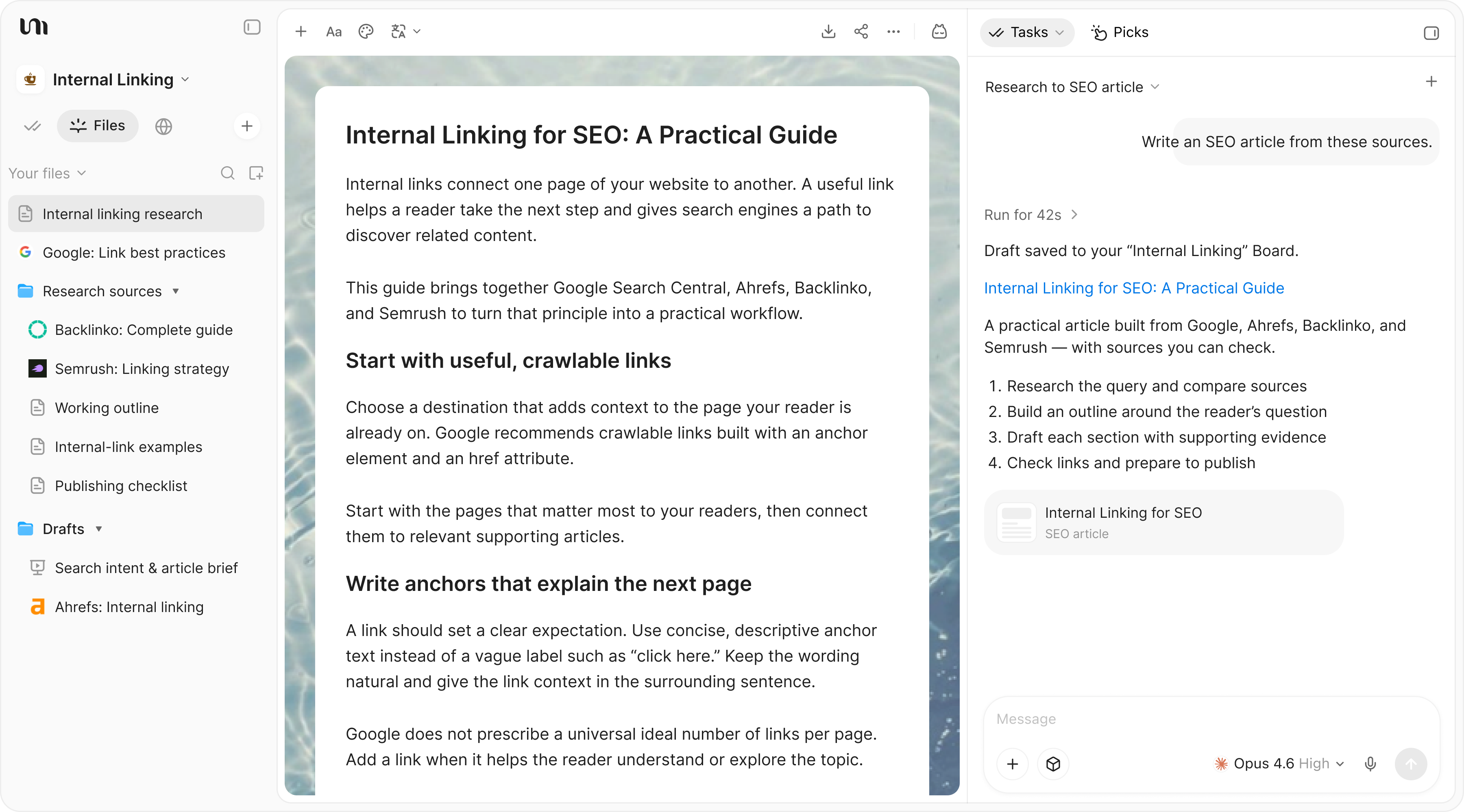 YouMind rédige un article SEO à partir d’un sujet, de sources de recherche et d’un plan clair.