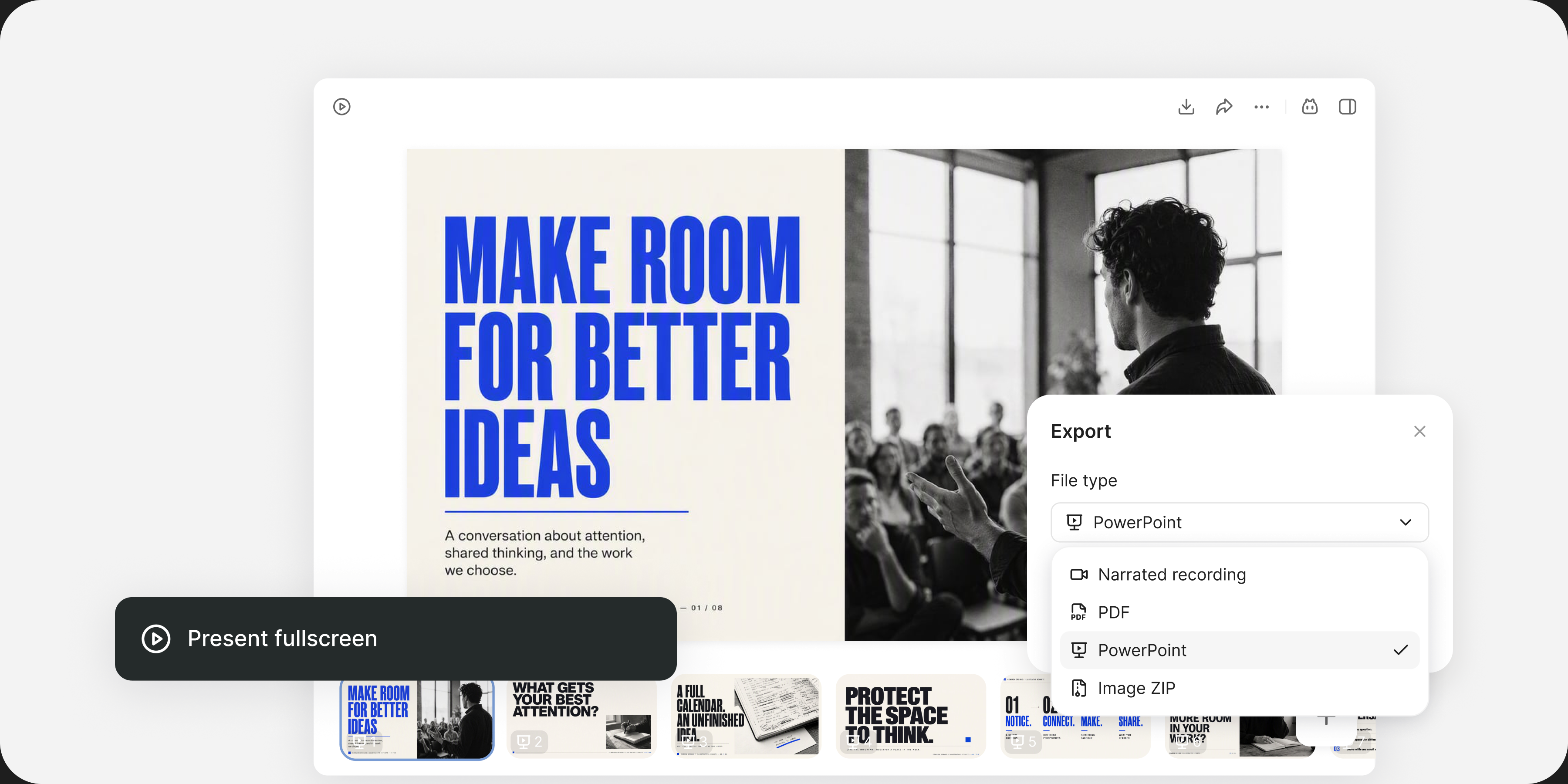 كلمة Common Ground مع عرض بملء الشاشة وخيارات التصدير كتسجيل مشروح أو PDF أو PowerPoint أو صور.